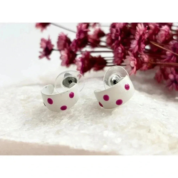 Vintage White Enamel & Pink Polka Dot Mini Dainty Open Hoops - Picture 2 of 5